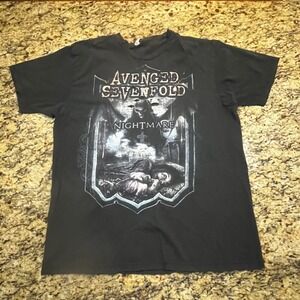 Avenged Sevenfold Nightmare Band T-Shirt Black Ringspun Cotton Mens L Distressed
